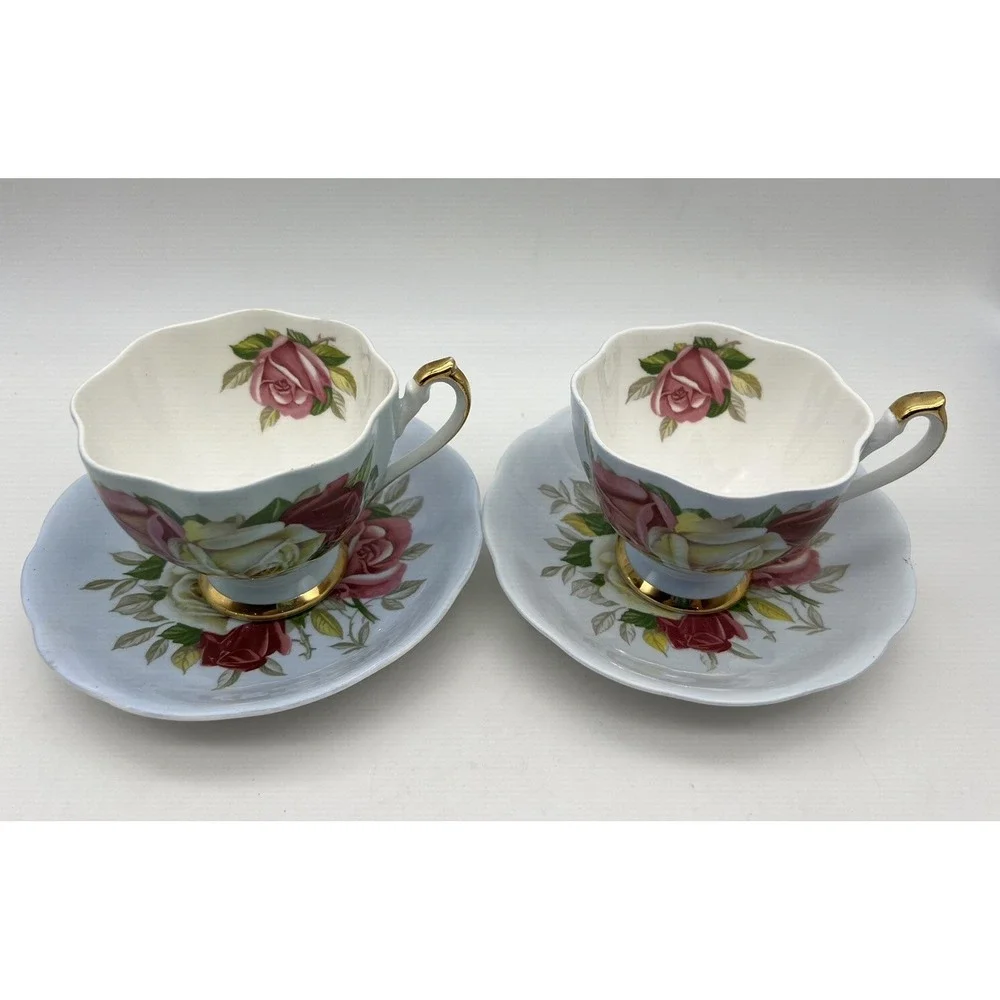 Vintage Queen ANNE Blue CABBAGE ROSE Cup & Saucer Set of 2
